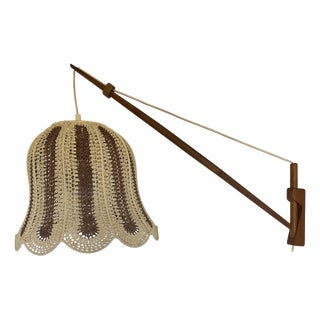 Mid-Century Modern Teak and Sisal Swing-Arm Wall Lamp, 1960s For Sale