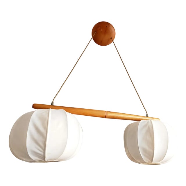 Vintage Scandinavian Pendant Light in Wood and Fabric, 1980s For Sale