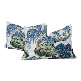 Thibaut Asian Scenic Blue & Green Lumbar Pillows - Set of 2 For Sale