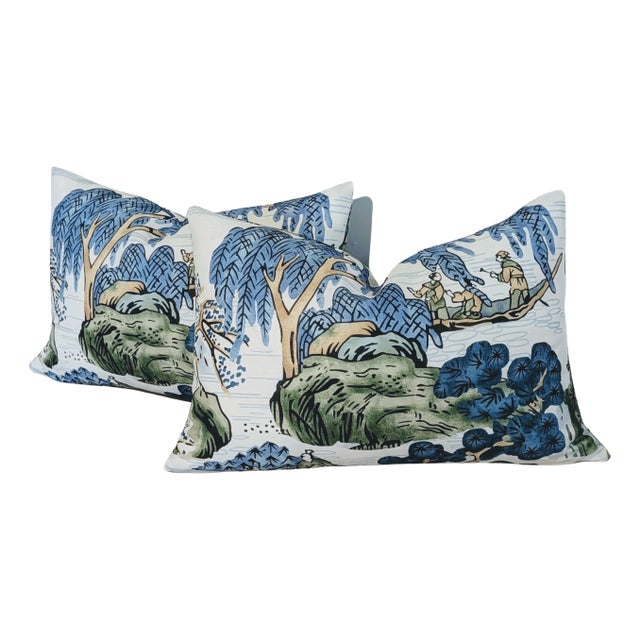 Thibaut Asian Scenic Blue & Green Lumbar Pillows - Set of 2 For Sale