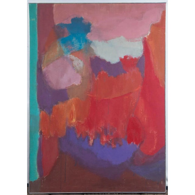 American artist, Elsa Schachter born 1912. Abstract oil on canvas of pink, purple, red, turquoise. Signed on the back....