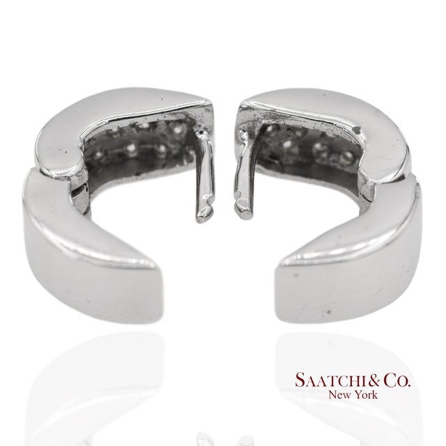 18k 750 Solid White Gold Natural Diamond Huggie Hoop Earrings, Pair For Sale - Image 9 of 12