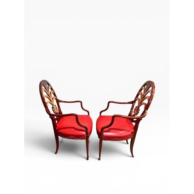Karges Furniture Red Leather Hepplewhite Plume Dining Chairs- Set of 4 For Sale - Image 12 of 14