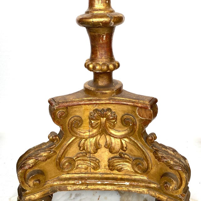 Gold Large Spanish Baroque Giltwood and Marble Torchiere Two-Light Floor Lamp For Sale - Image 8 of 17