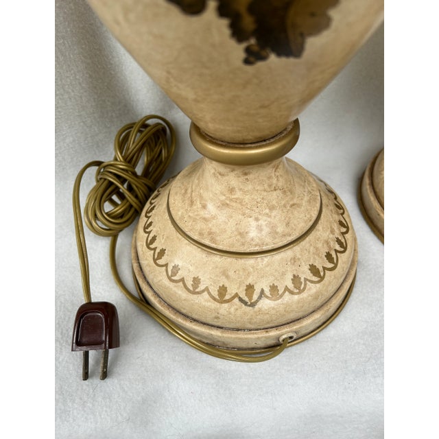 Tan Vintage Italian Painted Tole Metal Urn Shaped Neoclassic Lute Horn Grape Leaves Table Lamps - a Pair For Sale - Image 8 of 10