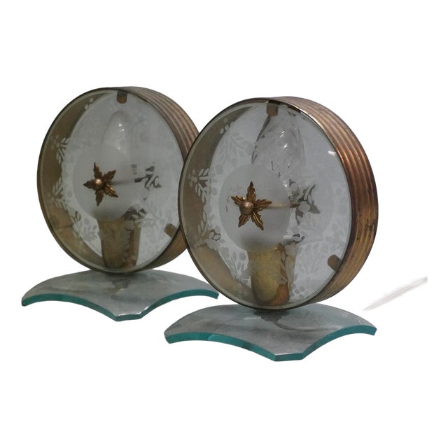 Mid-Century Italian Brass and Engraved Glass Table Lamps, 1940s, Set of 2 For Sale