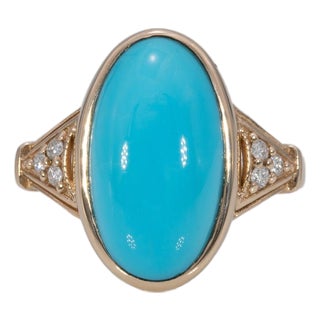 5.5Ct Sleeping Beauty Turquoise Ring With Earth Mined Diamonds in Solid 14k Gold, Size 6.75 For Sale