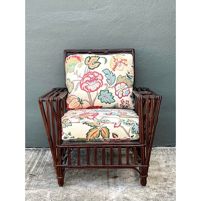 Vintage Stick Rattan Lounge Chair in Vintage Schumacher Paisley For Sale - Image 10 of 12