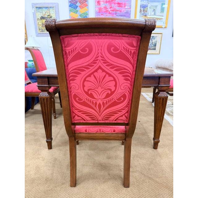 Ethan Allen Ethan Allen Dining Table Set With 6 Red Damask Upholstered Chairs 7 Pc For Sale - Image 4 of 11