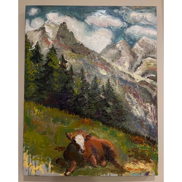 "Cow in the Swiss Alps", Original Oil Painting, Landscape Animal Art For Sale - Image 4 of 9