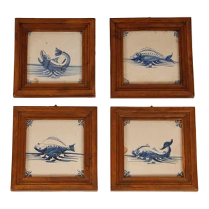 Delft Tiles Blue and White 17th Century Tiles Baroque Sea Creatures Monsters - Set of 4