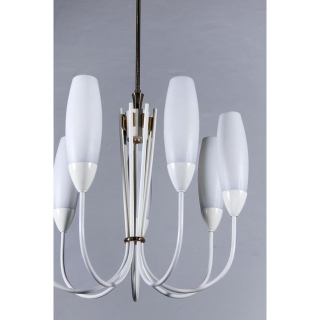 Gold Mid-Century Modern Chandelier with 6 Opaline Glass Shades, 1950 For Sale - Image 8 of 10