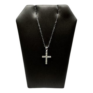 Natural Diamond Cross Necklace in 14kt White Gold – 0.20ctw, 18in, New For Sale
