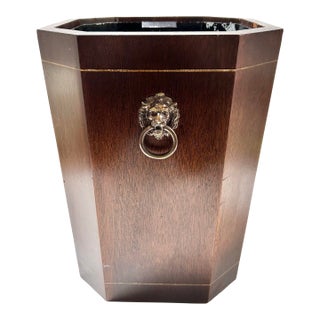 Vintage Mahogany Wood Wastebasket With Brass Lion Head Ring Pulls For Sale