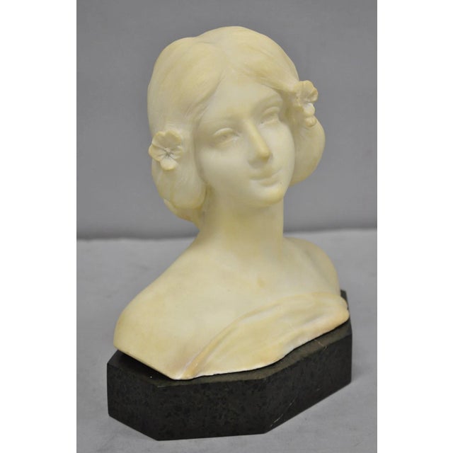 Stone Antique Neoclassical Carved White Marble 9" Bust of Woman's Head on Marble Base For Sale - Image 7 of 16