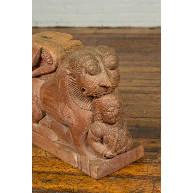Indian 18th Century Teak Guardian Lion Carving with Traces of Original Paint For Sale - Image 4 of 10