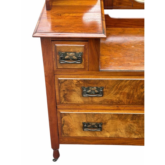 Wood Antique Art Nouveau Burled Walnut Ladies Dresser With Oval Folding Mirrors For Sale - Image 7 of 11