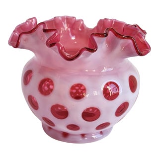 Vintage Fanton Cranberry & Pink Opalescent Glass Dot Ruffled Vase For Sale