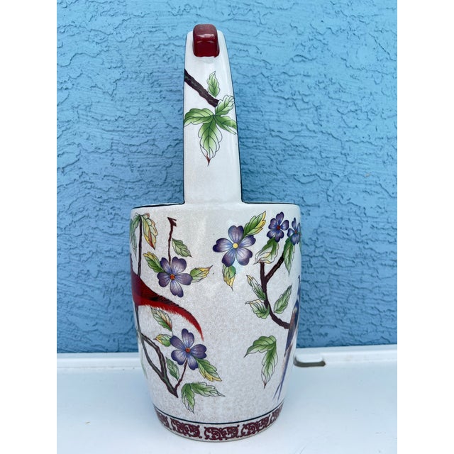 Traditional Chinoiserie Bird & Floral Porcelain Water Bucket Basket Vase / Ice Bucket For Sale - Image 3 of 6