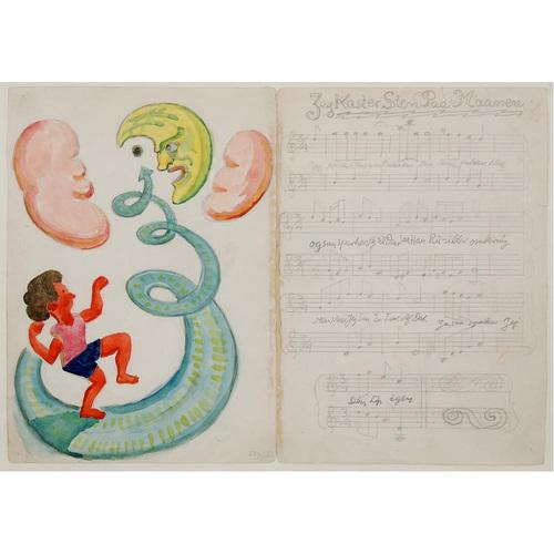 Henry Heerup: Throwing rocks at the Moon. Sign. Heerup. Watercolor and handmade sheet music. 48 x 35, mounted in frame. on...