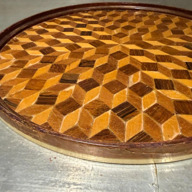 Tan Antique Round Service Tray or Tabletop Geometric Parquetry Wood For Sale - Image 8 of 10