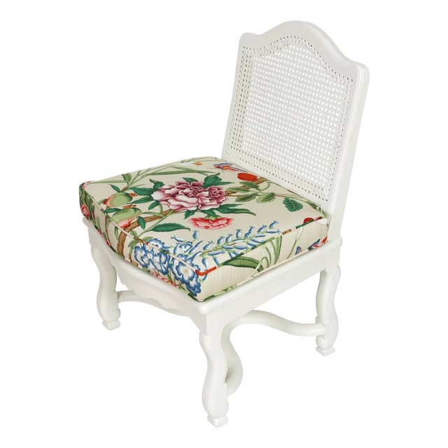 Chinoiserie Style Painted Cane Slipper Chair With Floral Cushion For Sale