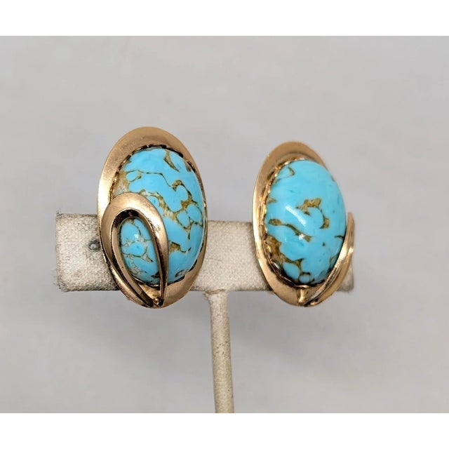 Mid-Century Modern Vintage 1950s Signed Napier Goldtone Cabochon Faux-Turquoise Clip Earrings-2 Pieces For Sale - Image 3 of 8