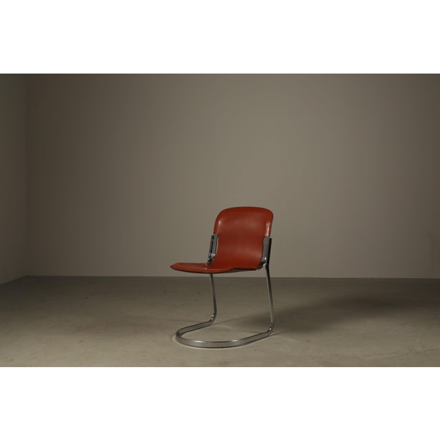1970s Leather Brick Red-Colored Cantilever Dining Chairs, Italy, 1970s, Set of 6 For Sale - Image 5 of 16