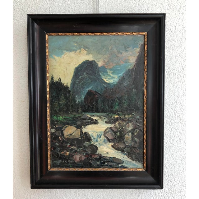 This work masterfully captures a breathtaking mountain landscape. The scene features a rushing torrent winding between...