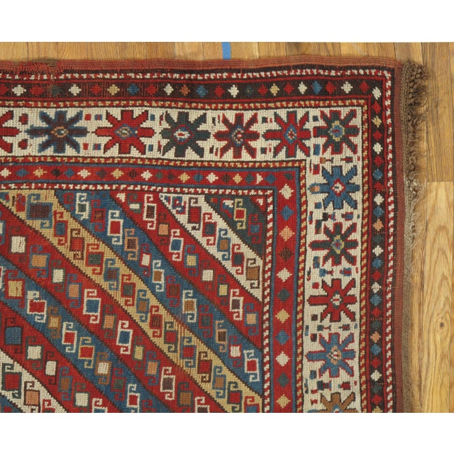 Antique Kazak Runner, Handmade Oriental Rug, Red, Blue, Yellow, Off-White, Green For Sale - Image 9 of 11