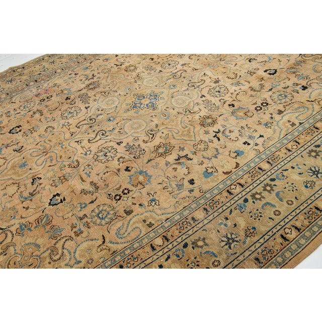 1960s Vintage Persian Tabriz Handmade Medallion Beige Wool Rug 10 X 12 For Sale - Image 4 of 9
