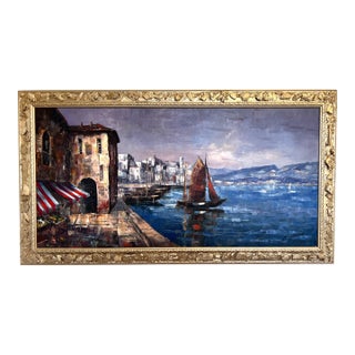 Friedrich Karl Thauer (Germany 1924-2009) European Harbor Sailboats Oil Painting For Sale