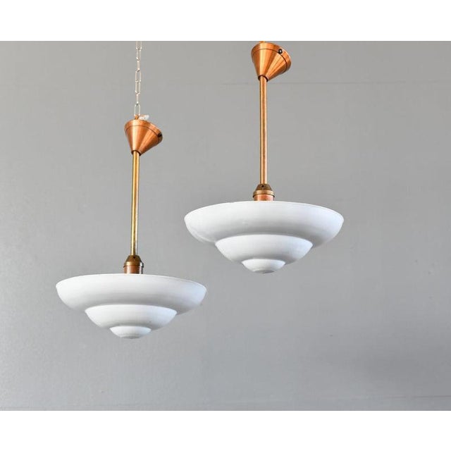 Copper & Enamel Art Deco Uplighters Circa 1930s - Stepped vitreous white enamel shades - Original ceiling roses - Each...