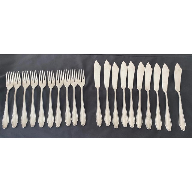 Vintage German Silver-Plated Unique Cutlery Set of 10 Each Fish Knives and Fish Forks by Klingel. Each knife measures 8...