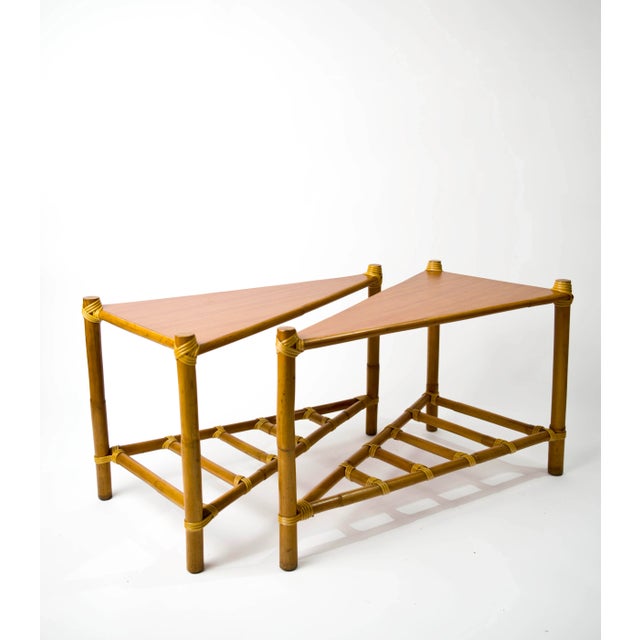 Mid-Century Modern Vintage 1970s Rattan Triangle Tables - a Pair For Sale - Image 3 of 7