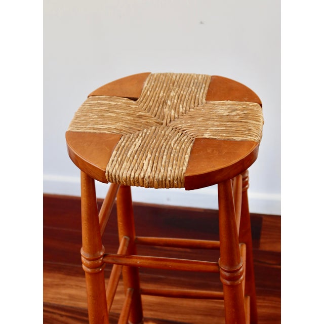 Beige Antique Wooden Bar Stool with Straw Seat, 1980s For Sale - Image 8 of 12