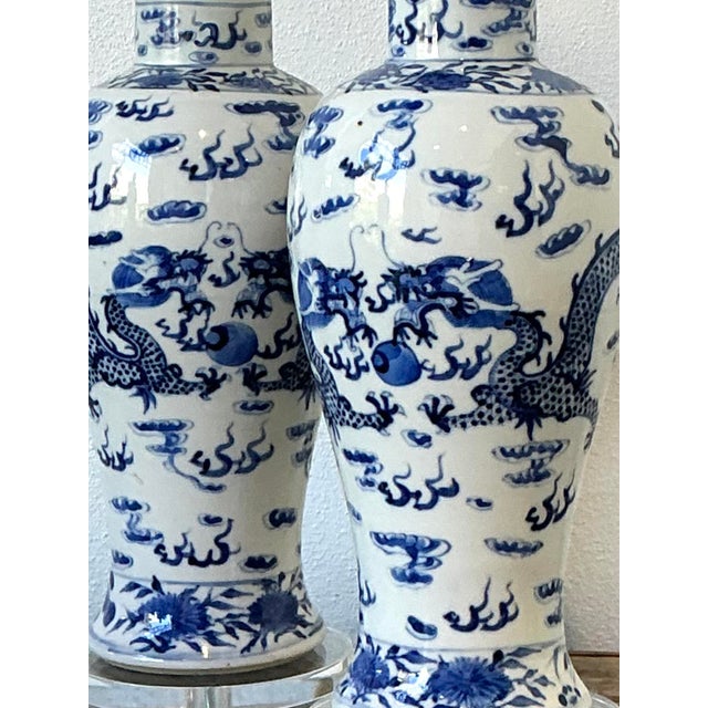 Metal Vintage Dragon Glazed Ceramic Lamps - A Pair For Sale - Image 7 of 12