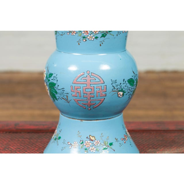 Mid 20th Century Vintage Chinese Hand Painted Blue Metal Vase with Calligraphy and Floral Décor For Sale - Image 5 of 12