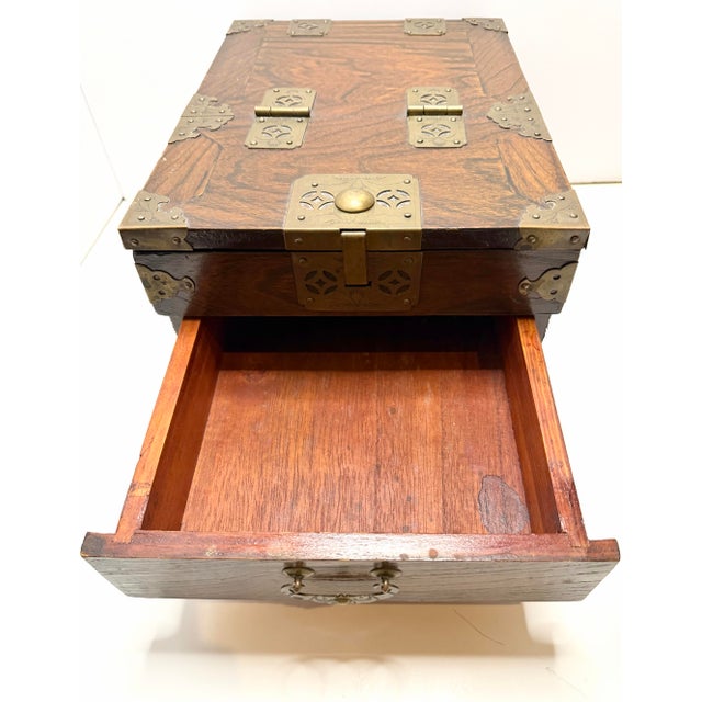 Coffee Antique Japanese Meiji or Taishō Era Brass Mounted Wooden Vanity Box Jewelry Chest For Sale - Image 8 of 12