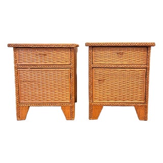 Wicker and Bamboo Bedside Cabinets, Set of 2 For Sale