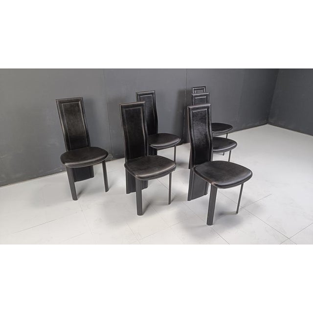 Animal Skin Vintage Black Leather High-Back Dining Chairs, 1980s, Set of 6 For Sale - Image 7 of 11