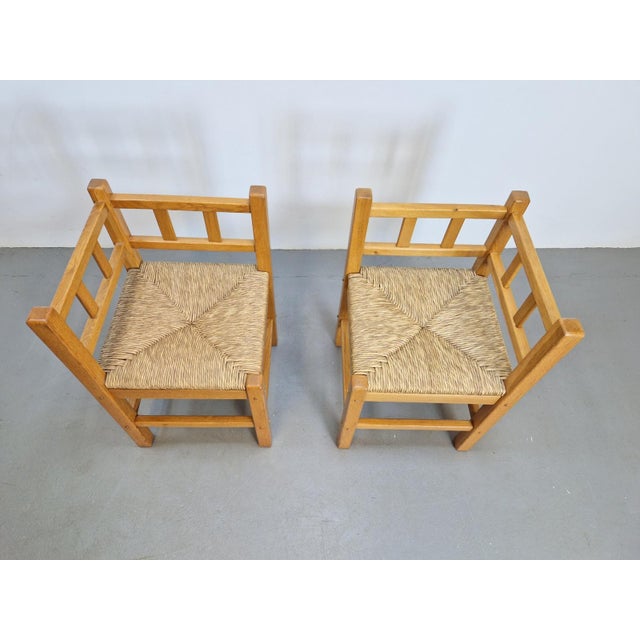 1960s Vintage Dutch Art Deco Style Corner Chair in Oak and Rush, 1950s, Set of 2 For Sale - Image 5 of 13