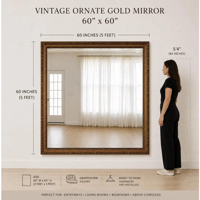 A striking 60-inch antique gold floor mirror featuring an intricately carved ornate frame with a rich aged gilt finish....