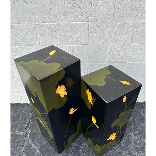 Wood Vintage Asian Floral Lacquer Pedestals - a Pair For Sale - Image 7 of 10