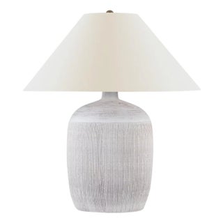 Chapman & Myers by Visual Comfort Signature Portis 32" Combed Round Table Lamp in White Washed Terracotta with Linen Shade For Sale