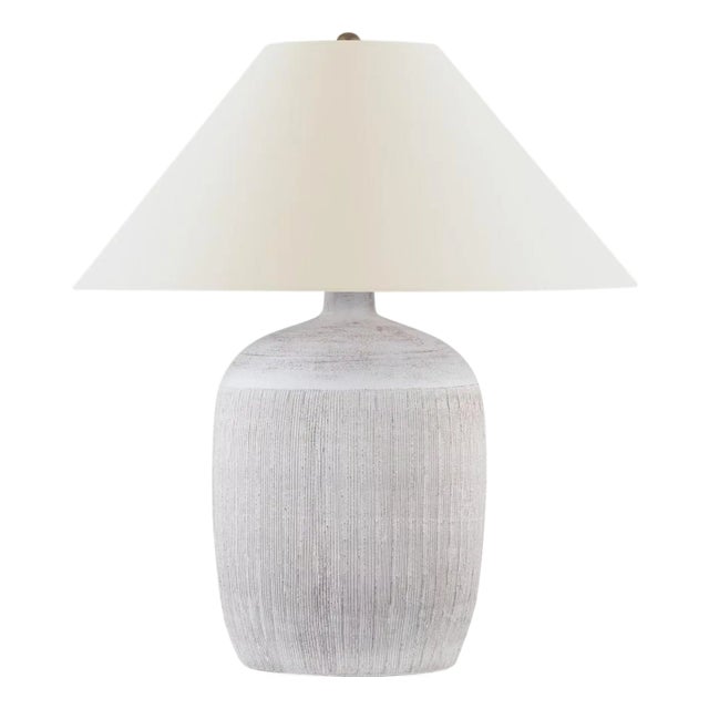 Chapman & Myers by Visual Comfort Signature Portis 32" Combed Round Table Lamp in White Washed Terracotta with Linen Shade For Sale