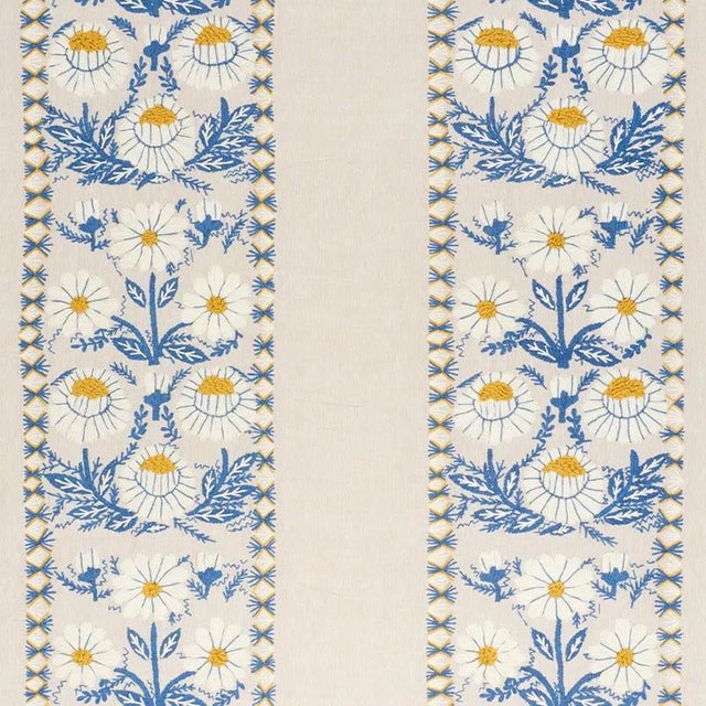 Schumacher Marguerite Embroidery Fabric in Blue & Ochre For Sale