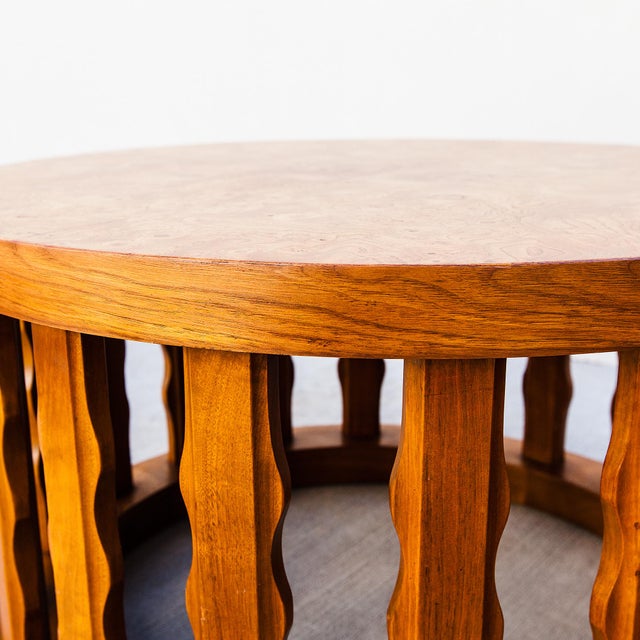 Goldenrod Vintage Mid Century Walnut & Burl Drum Side Tables by Cal Mode For Sale - Image 8 of 15