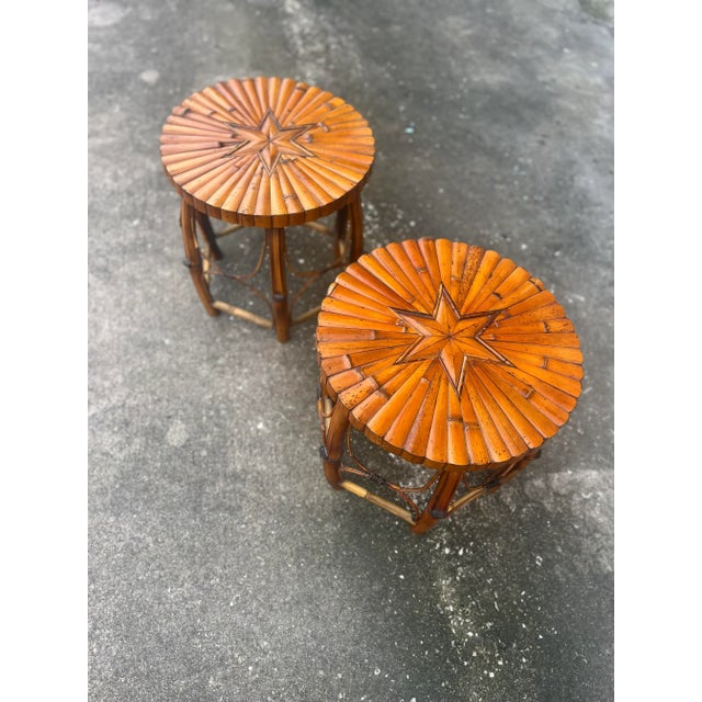 Star Top Rattan and Bamboo Barrel Side Tables. Spectacular woven arch side details with a hexagonal barrel style base....