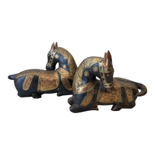 1970s Indian Carved Wood Horses Clad in Brass and Copper Horses- a Pair For Sale